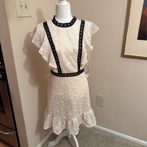 Little Mistress Cream Lace Mini Dress with Black Trim